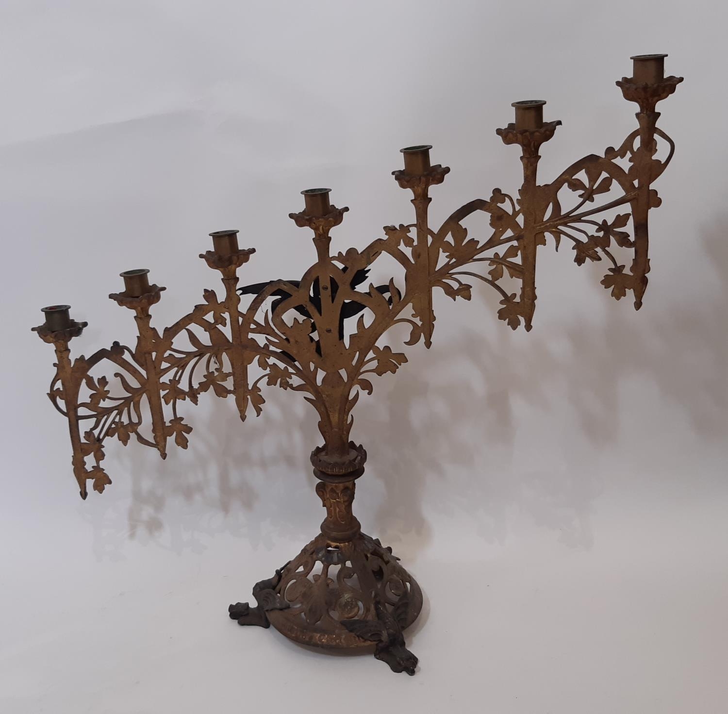A pair of 19th century continental ecclesiastical gothic seven light candelabra, of graduating - Image 5 of 5