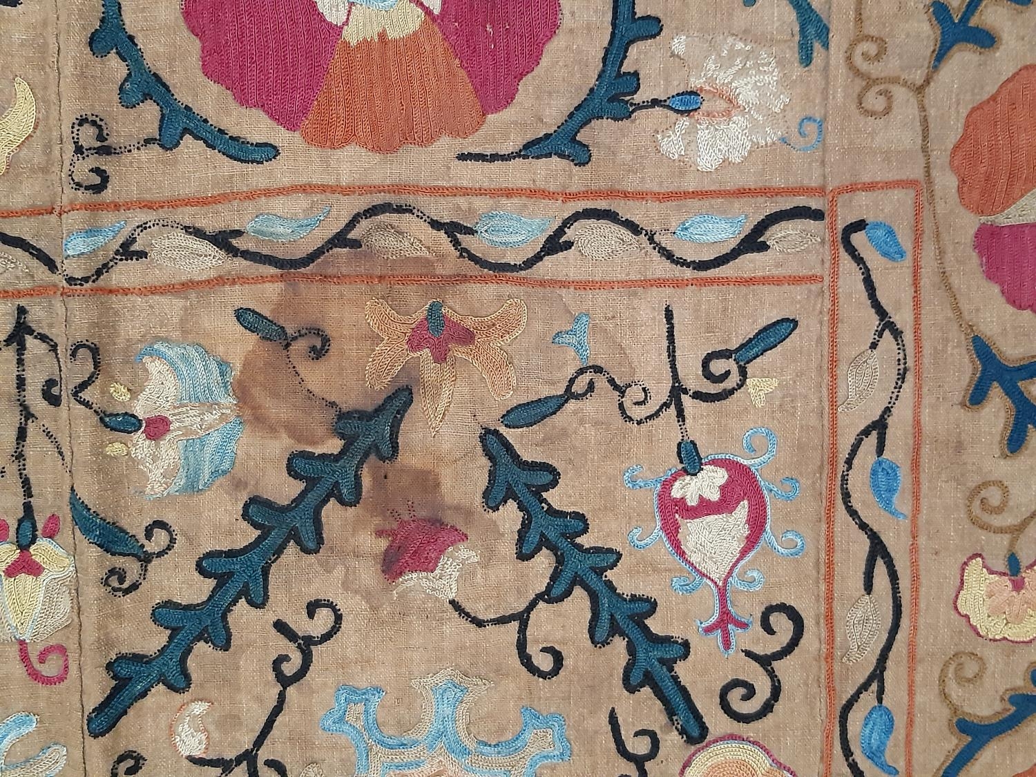 19th century Uzbek Suzani panel created from 4 sections embroidered in silk chain stitch on dark - Image 6 of 6