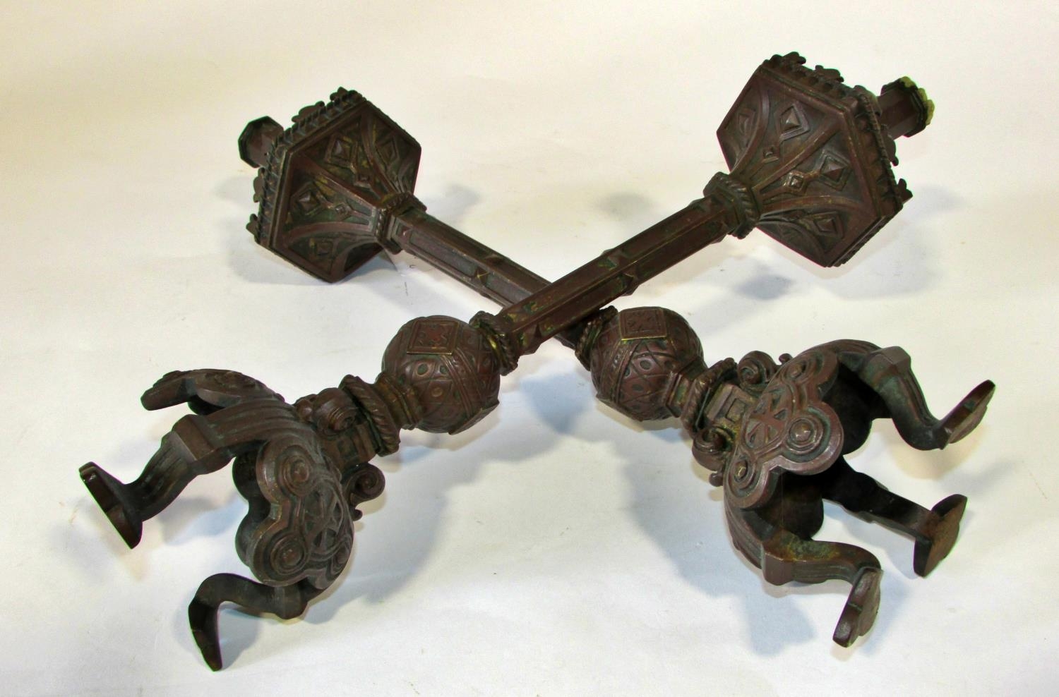 A pair of 19th century continental bronze ecclesiastical candlesticks, with crucifix and other - Image 5 of 5