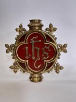 A 19th century heavy brass ecclesiastical staff finial, of circular form with ‘IHS’ (Iesus Hominum