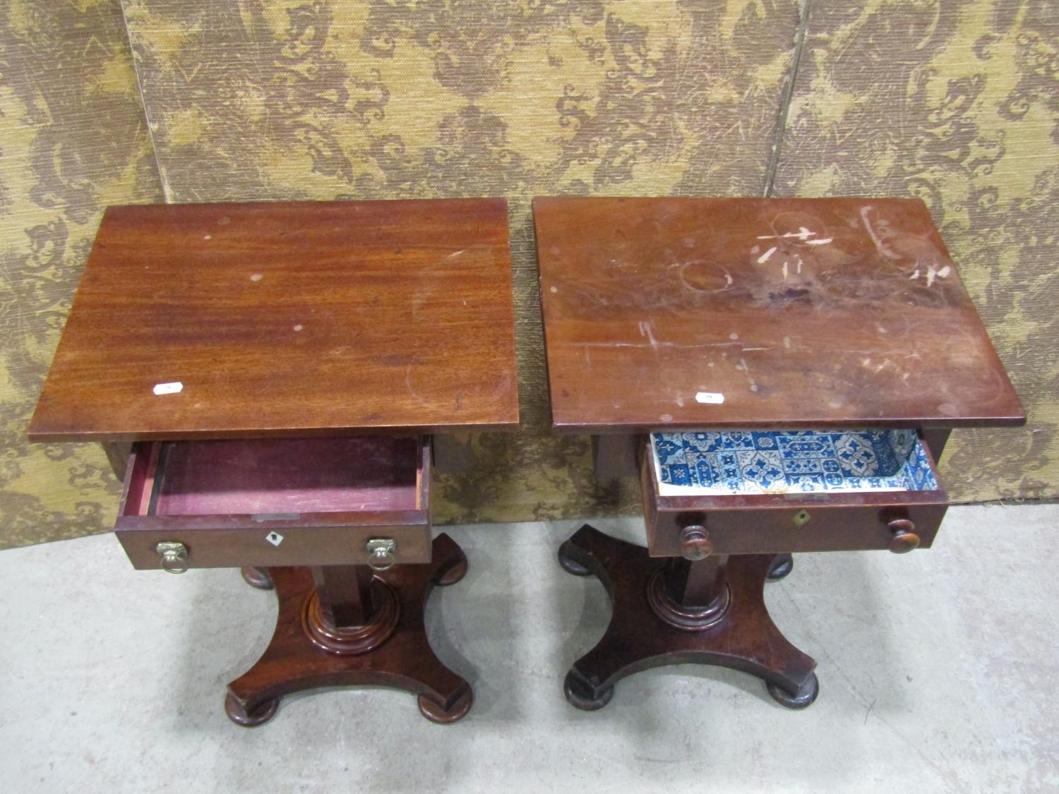Two similar pedestal tables, each enclosing a single drawer on platform bases - Image 2 of 3