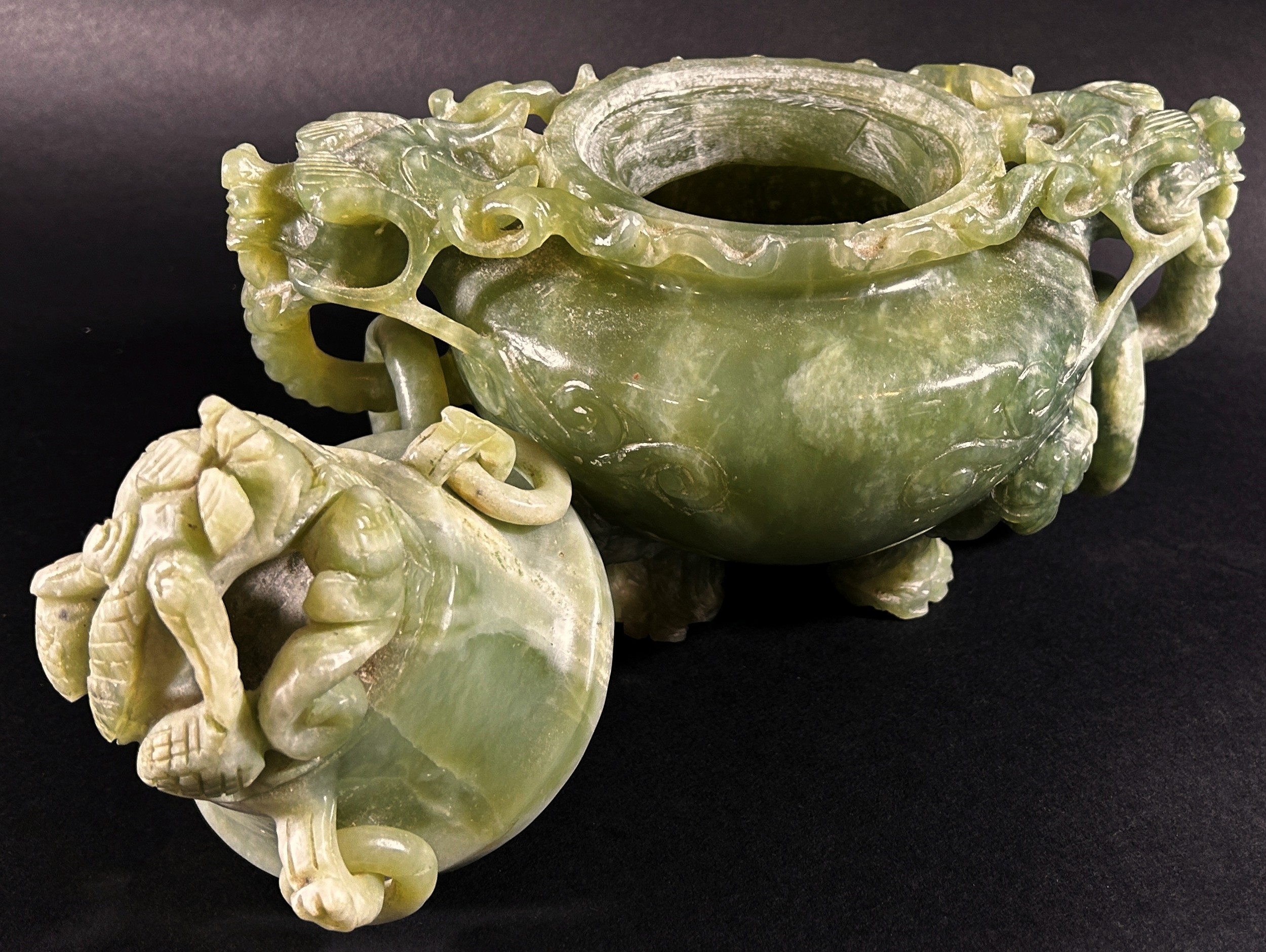 A Chinese celadon coloured jadeite lidded censor in the archaistic style, with triaged dragon mask - Image 4 of 5