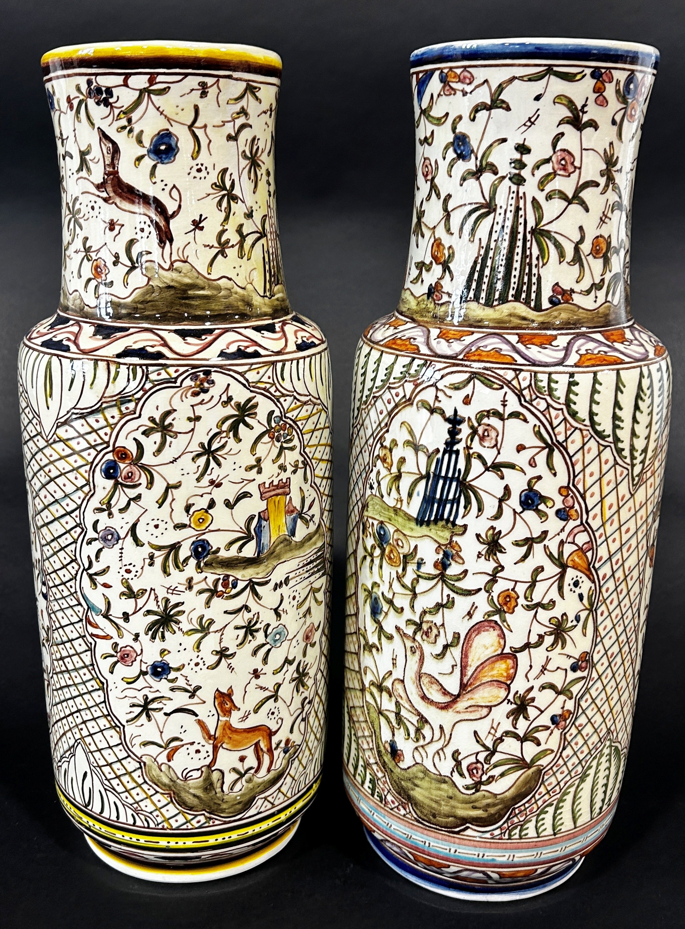 A pair of Persian style vases of cylindrical form with hand painted detail showing wild animals, - Image 2 of 3