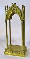 A good 19th century gilt brass reliquary / sculpture niche of lancet arched form, the hood adored