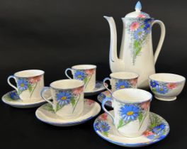A collection of Shelley blue daisy pattern teaware, a Wedgwood Kutani Crane coffee pot and sucrier