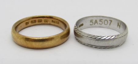 22ct gold wedding ring, size L/M, 5.8g and a further 950 platinum example, size M, 3.4g (2)