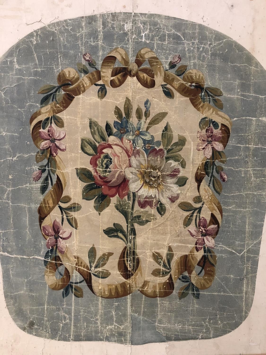 A French Aubusson painted panel, with a central floral spray and ribboned floral border, gouache - Image 2 of 4
