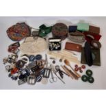 Box of mixed haberdashery including belt buckles, buttons, lace bobbins, cufflinks etc together with