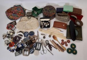 Box of mixed haberdashery including belt buckles, buttons, lace bobbins, cufflinks etc together with