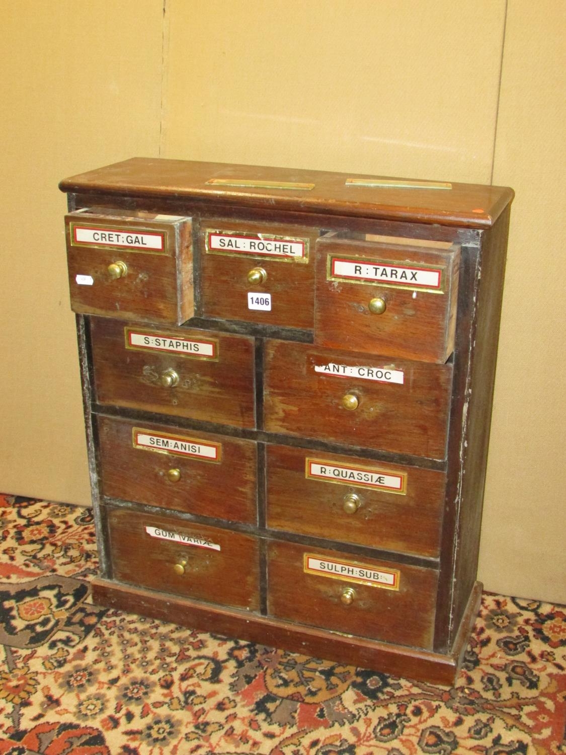 A small apothecary cabinet of nine drawers, 58cm wide x 68cm high x 21cm deep - Image 2 of 4
