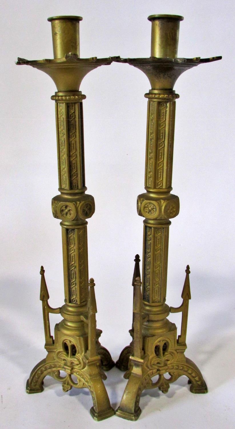 A small pair of late 19th / early 20th century continental cast metal Puginesque candlesticks, - Image 2 of 4