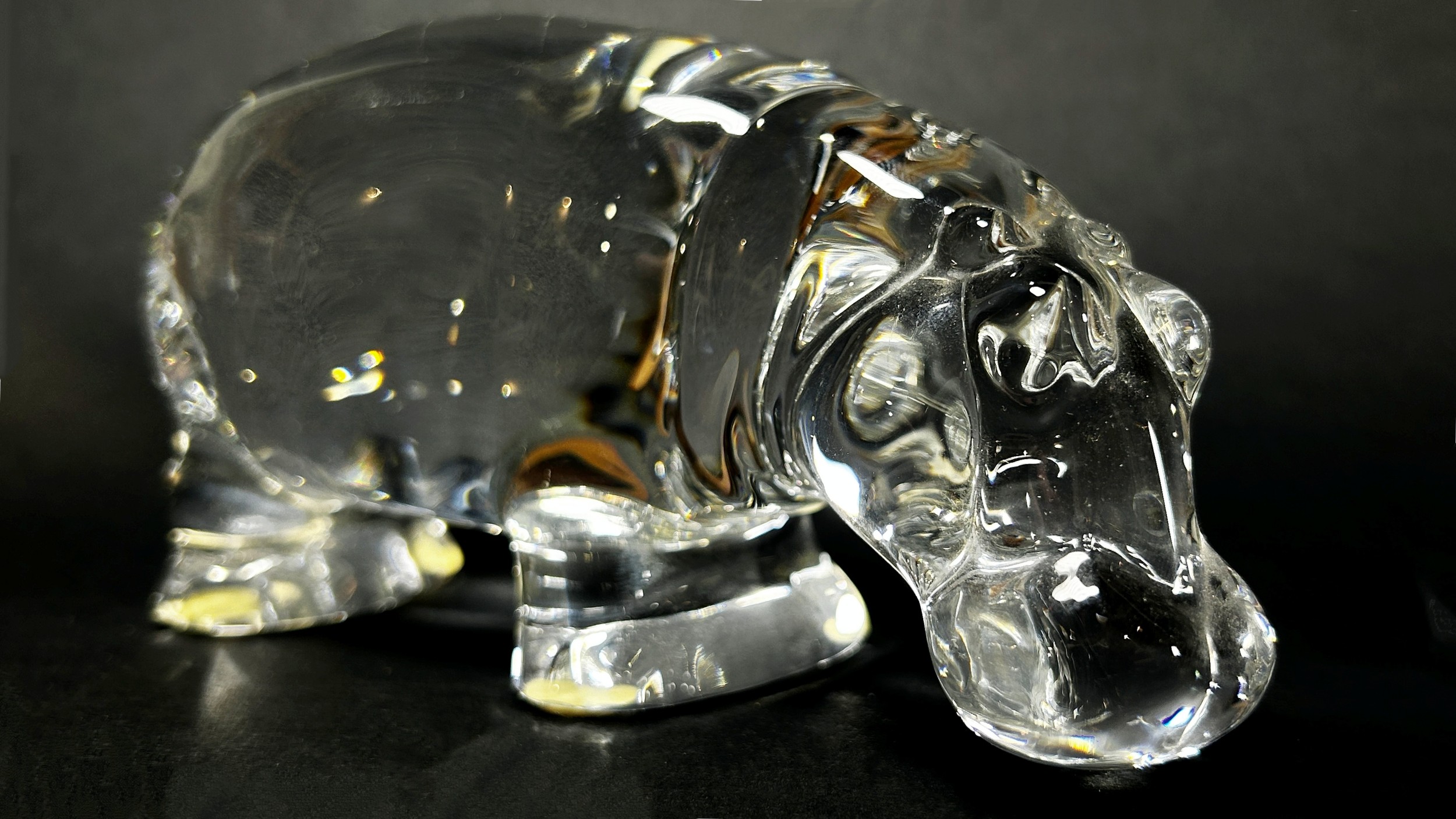 A Baccarat Crystal Glass Hippopotamus, stamp to the base, 15cm wide, a Limoges Porcelain pill box