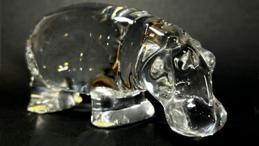 A Baccarat Crystal Glass Hippopotamus, stamp to the base, 15cm wide, a Limoges Porcelain pill box