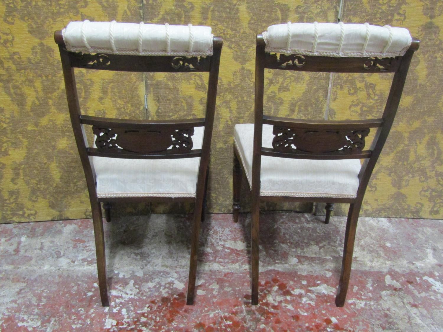 A pair of Edwardian rosewood occasional chairs, with inlaid detail, pierced and carved splats, - Image 2 of 9