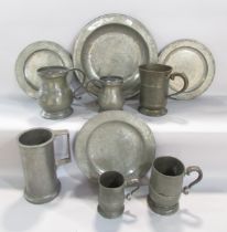 A collection of 19th century pewter tableware, six tankards and three plates and a charger.