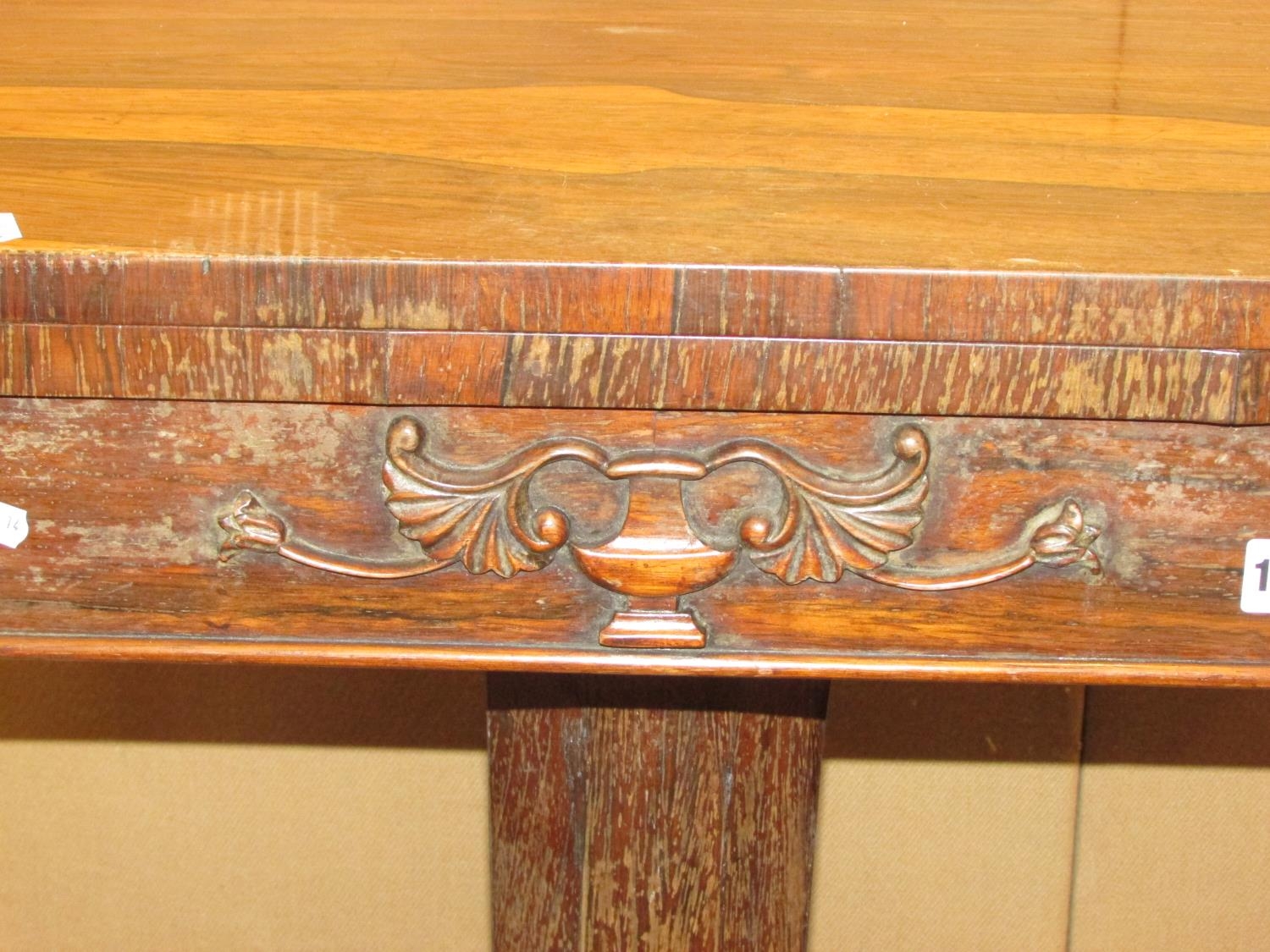 A Regency rose wood fold over top card table raised on an octagonal pillar with foliate column, - Image 3 of 4
