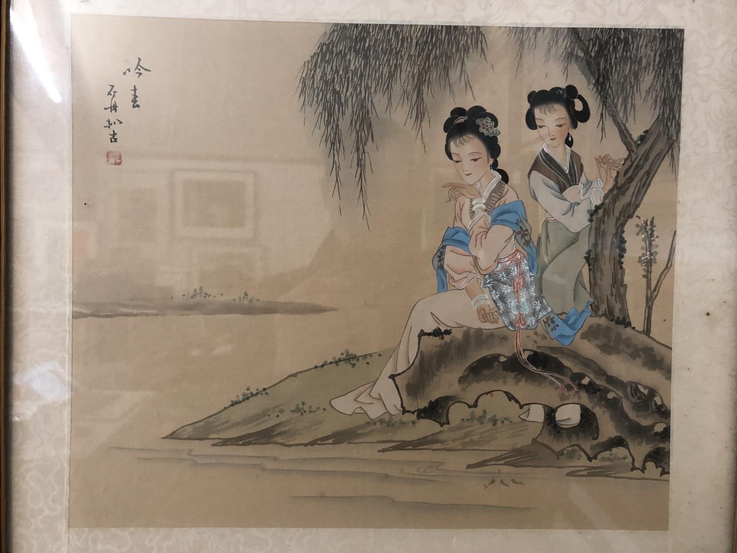 Two vintage watercolour paintings on silk, possibly Japanese in the Chinese style, depicting two - Image 3 of 3