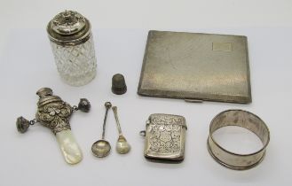 Silver cigarette case, vesta, napkin ring, child’s teether and a silver topped jar, 6.4oz (5)