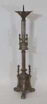A tall 19th century ecclesiastical gothic silver plated pricket candlestick, with architectural