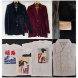 Mixed lot of men's vintage clothing including a black velvet smoking jacket designed by Malcolm Hall