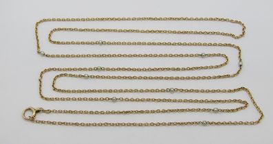 Late 19th / early 20th century 10ct long guard chain, interspaced with seed pearls, 150cm L