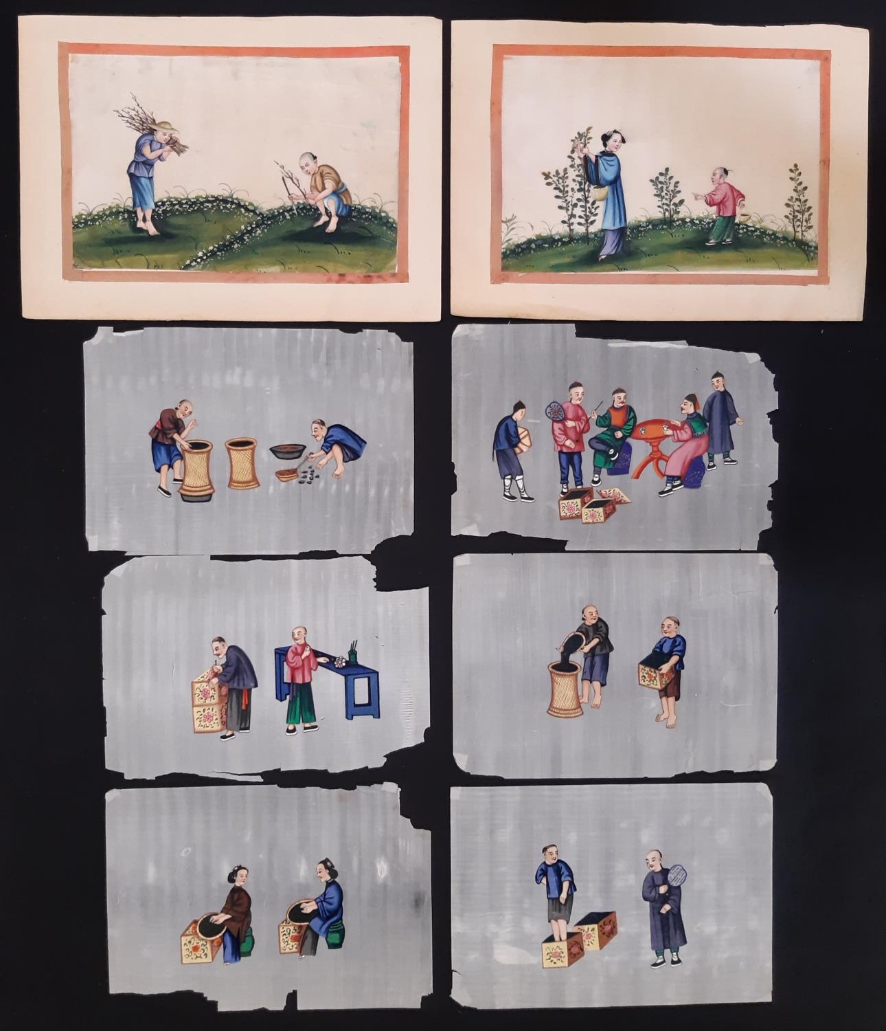 Eight 19th century Chinese pith paintings depicting stages of tea production, two mounted on paper