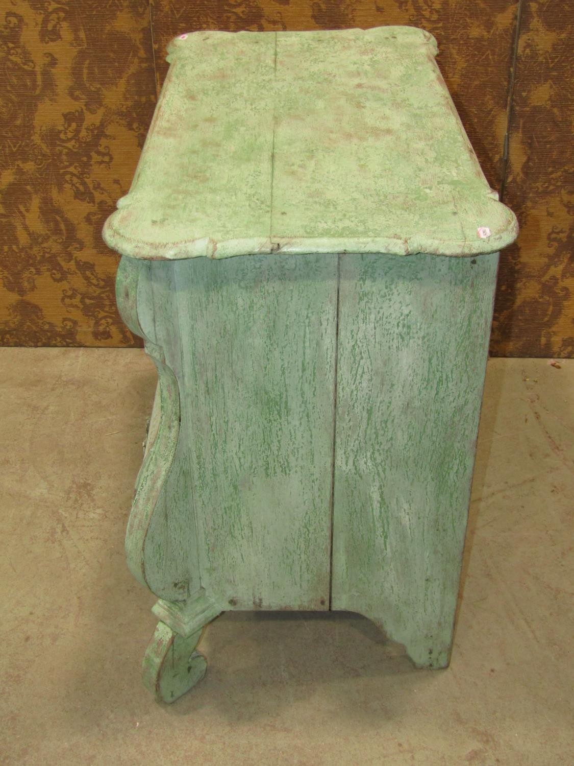 A small green painted and dry-scraped Dutch bombe chest of three drawers, 90cm wide x 50cm deep x - Image 3 of 4