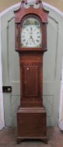 A Regency mahogany longcase clock, the hood with swan neck pediment, with broken arch painted dial