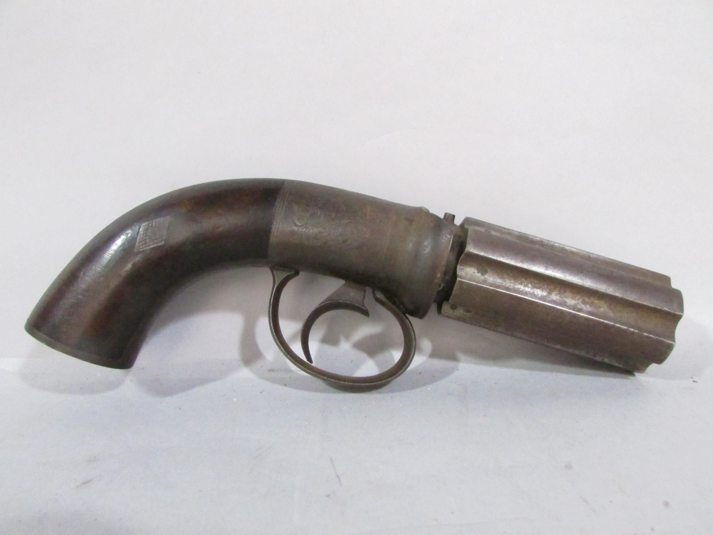 A 19th century English Pepperbox Pistol, with six chambers and engraved side plates, lacks hammer, - Image 2 of 3