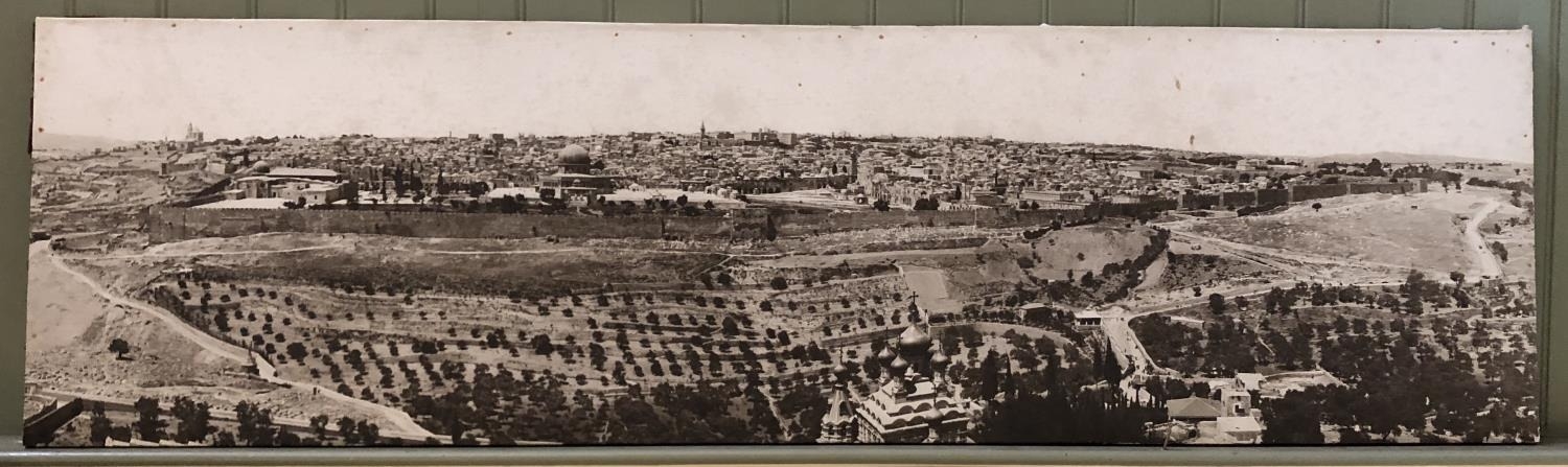 A large vintage black and white panoramic photograph of Jerusalem, inscribed 'American Colony