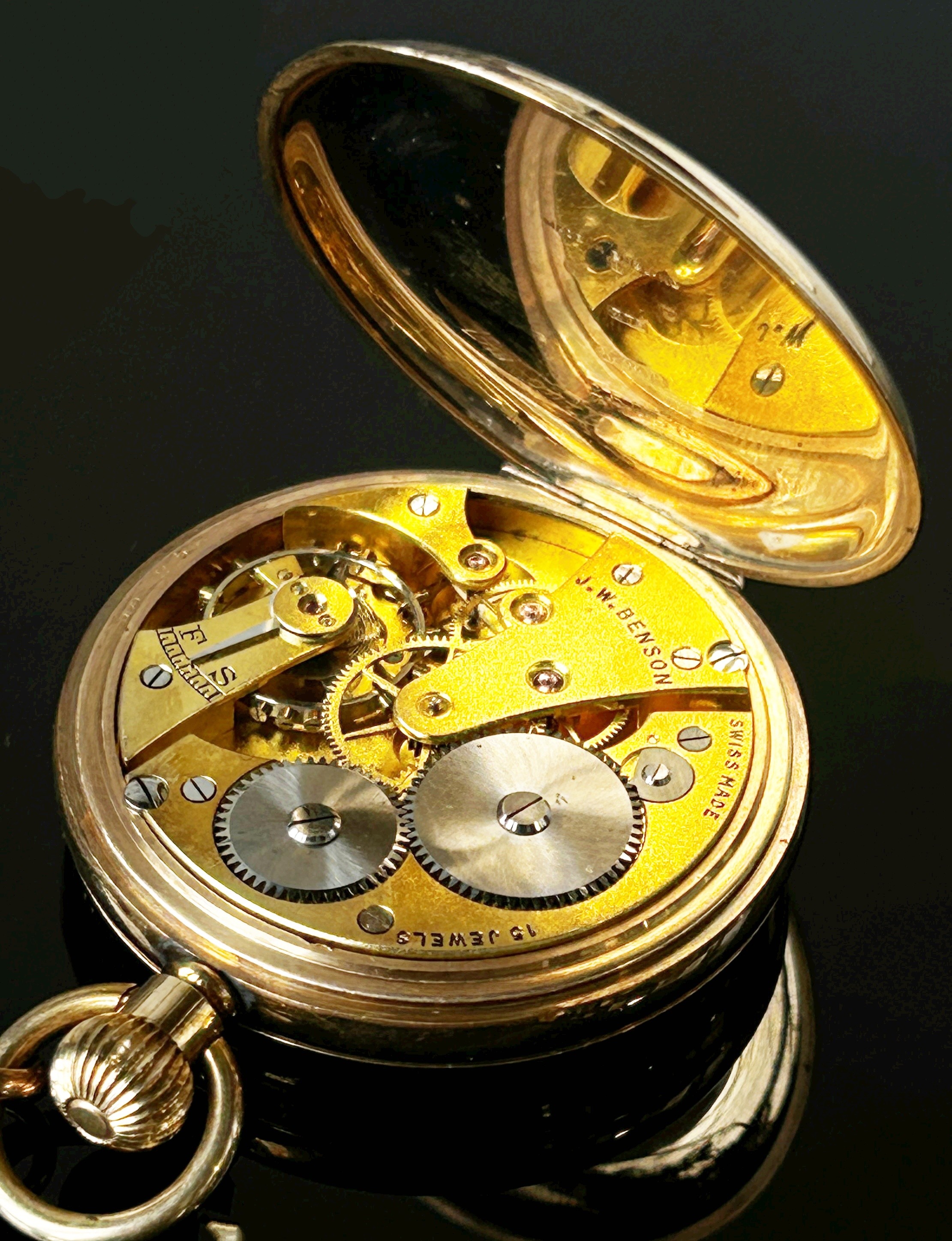 J.W Benson, London: A 9ct yellow gold cased fob watch, the white enamelled dial with black Roman - Image 4 of 8