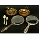 Two silver backed hand mirrors, a cased set of six plated forks and six spoons, and two pie crust