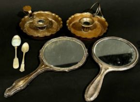 Two silver backed hand mirrors, a cased set of six plated forks and six spoons, and two pie crust