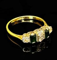 Art Deco 18ct vari-cut emerald and diamond ring with platinum setting, size N, 2.8g