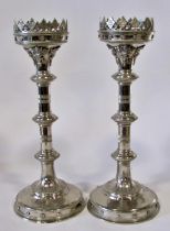 A pair of late 19th / early 20th century continental silver plated alter / table pricket candle