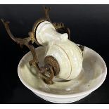 A 19th century Escargot porcelain and brass inkwell and pen stand by J L Basguile of Paris