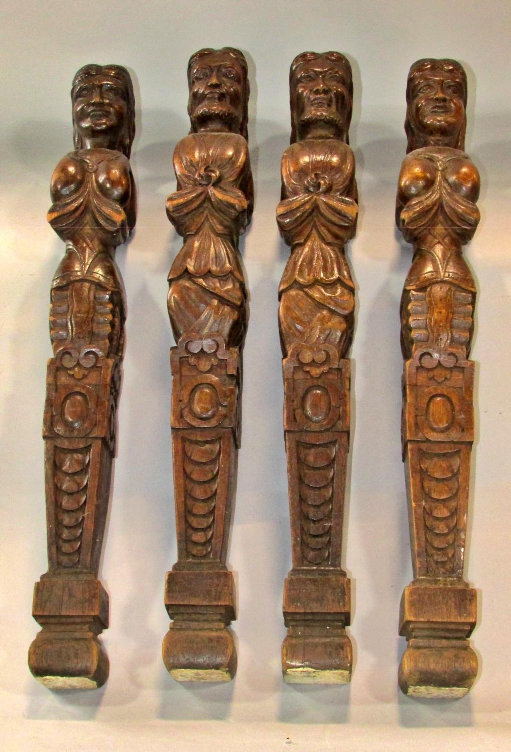 A group of six late 18th / 19th century Flemish carved oak figural mounts / adornments, 63cm high, - Image 9 of 9