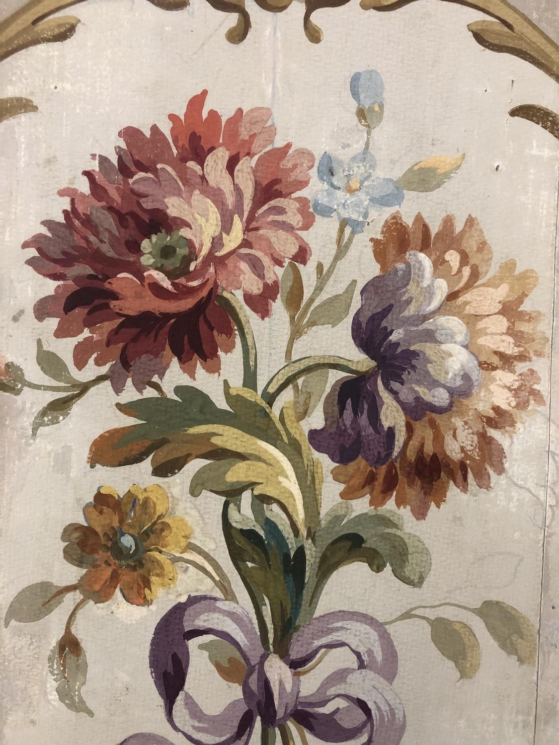 A French Aubusson painted panel, with a central floral spray and scrolling oval border, gouache on - Image 3 of 4