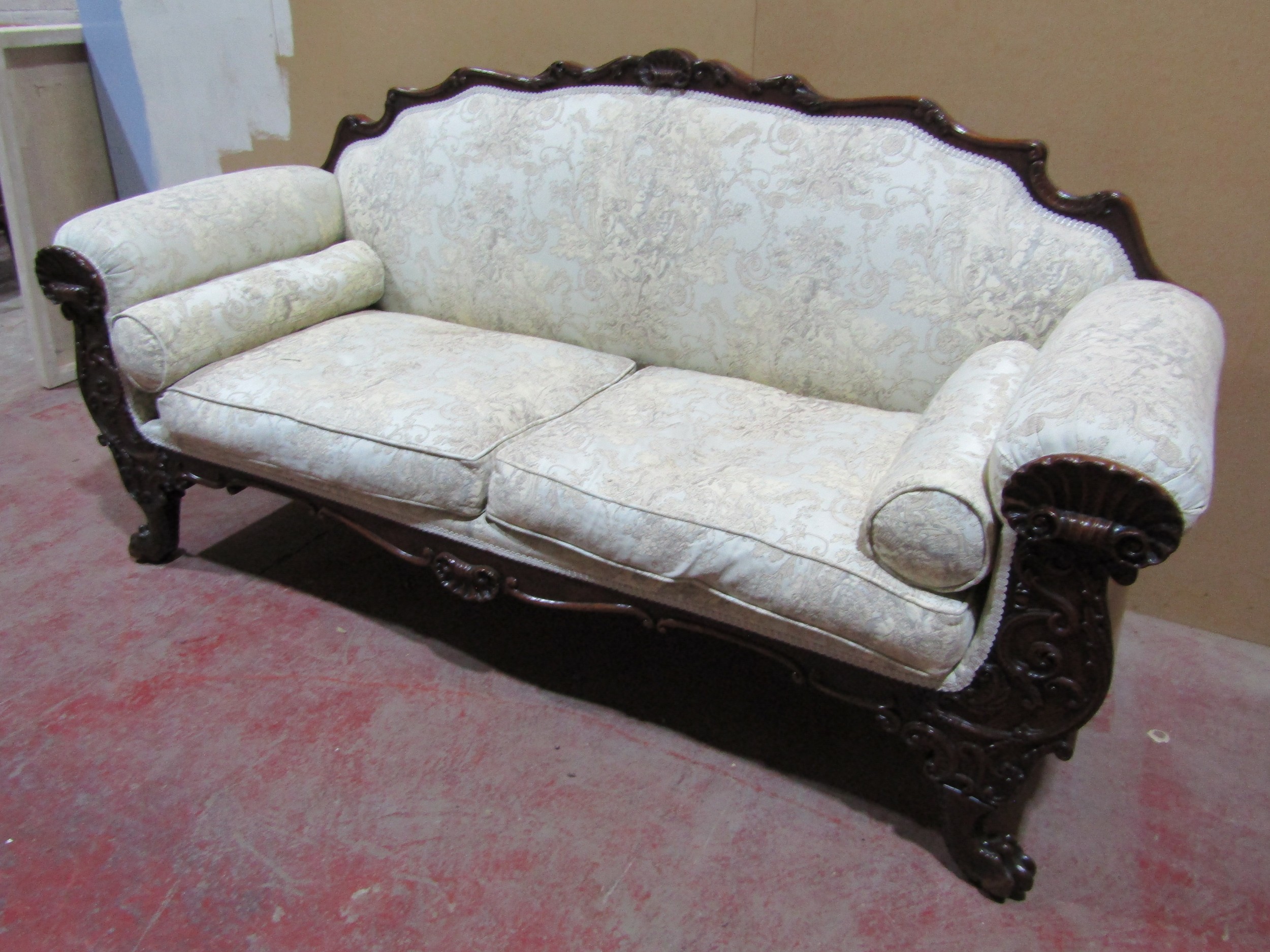 A Regency drawing room sofa with showwood frame depicting shells, scrolls and other detail, raised - Image 2 of 6