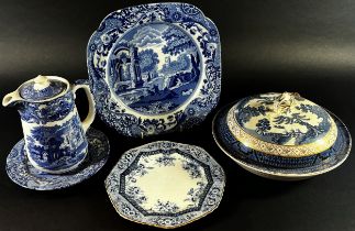 A willow pattern chaffing dish Norfolk pattern sandwich set with six plates and serving dish,