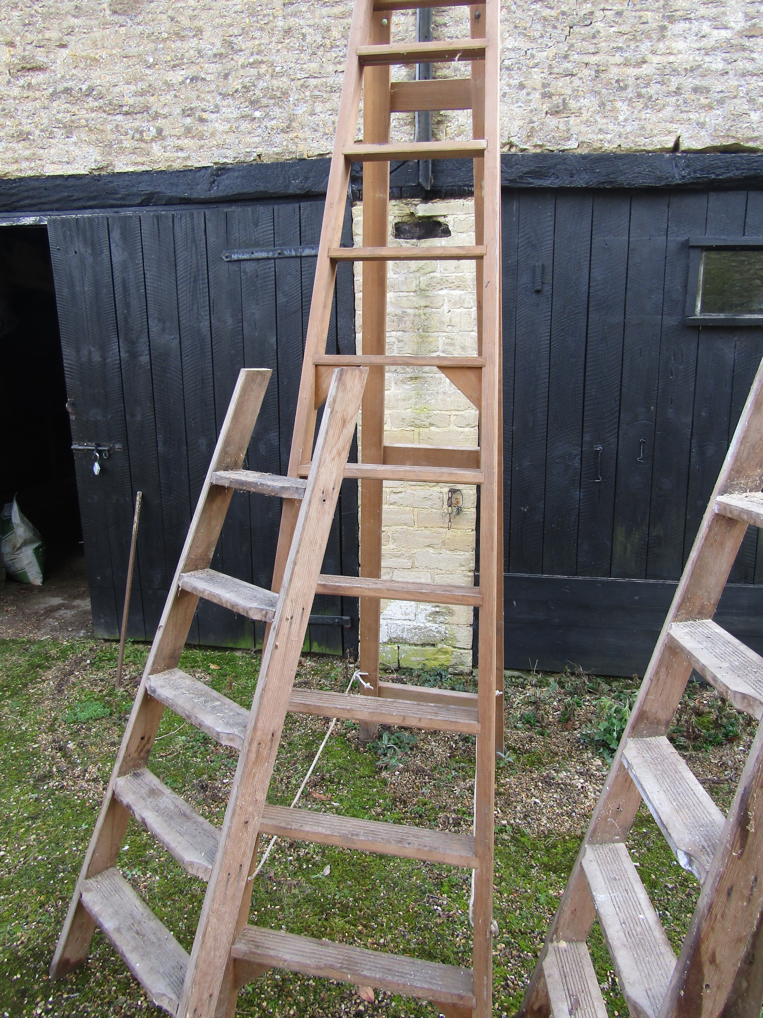 Two wooden folding steps ladders of varying size together with simple folding artists easel (3) - Image 3 of 3