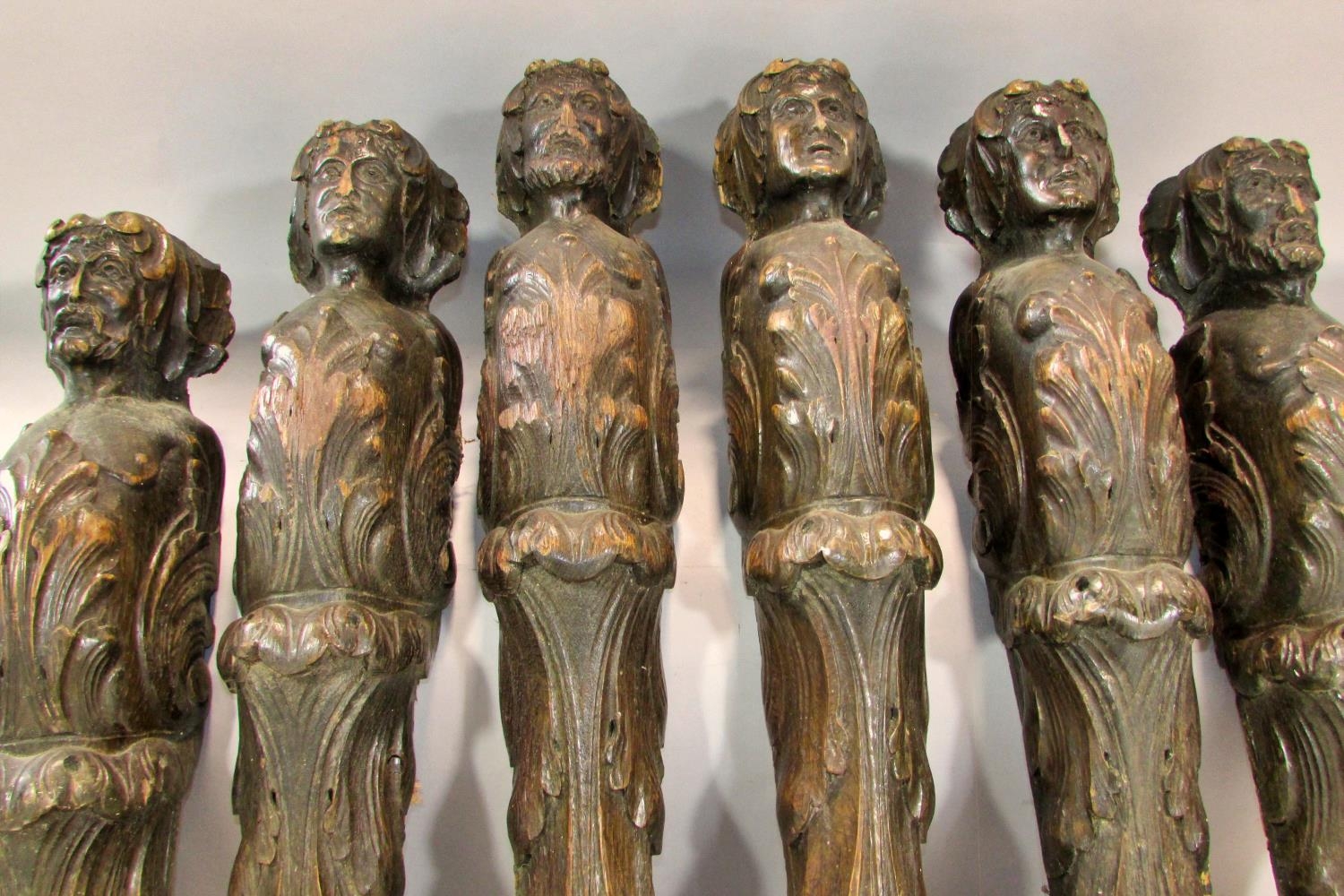 A group of six late 18th / 19th century Flemish carved oak figural mounts / adornments, 63cm high, - Image 2 of 9