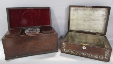 A 19th century rosewood tea caddy with two caddy’s and a mixing bowl together with a rosewood box