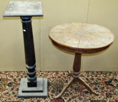 An ebonised torchere 88cm high together with a 19th century sandalwood occasional table with