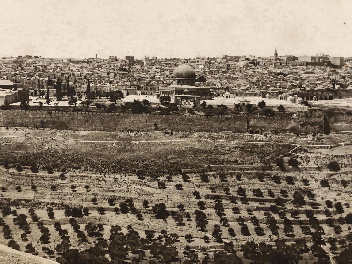 A large vintage black and white panoramic photograph of Jerusalem, inscribed 'American Colony - Image 3 of 6