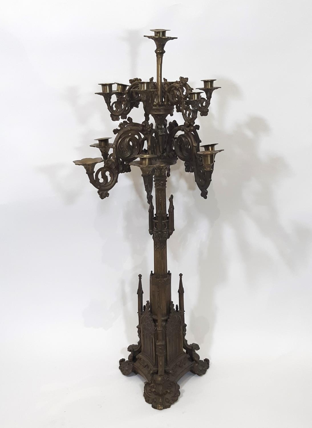 A tall and impressive puginesque 19th century continental gothic thirteen light floor-standing