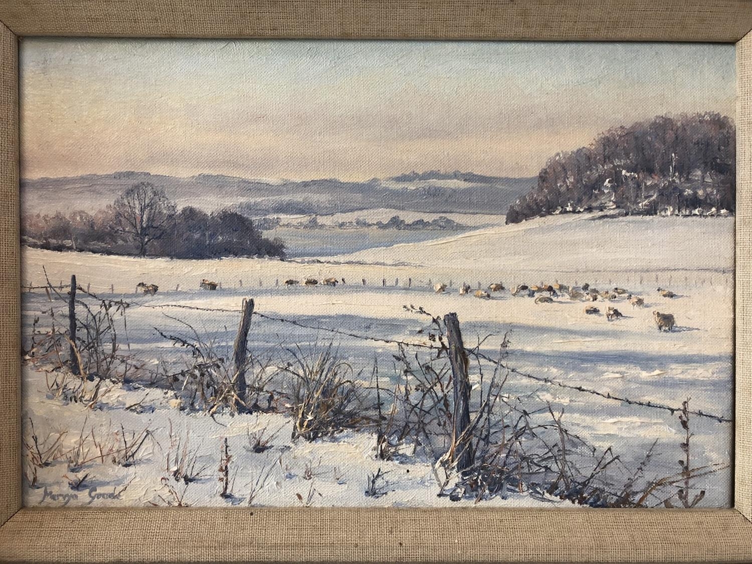 Mervyn Goode (b.1948) - 'Snow and Sheep, Below Noah Hill', oil on linen, signed lower left with - Image 2 of 4
