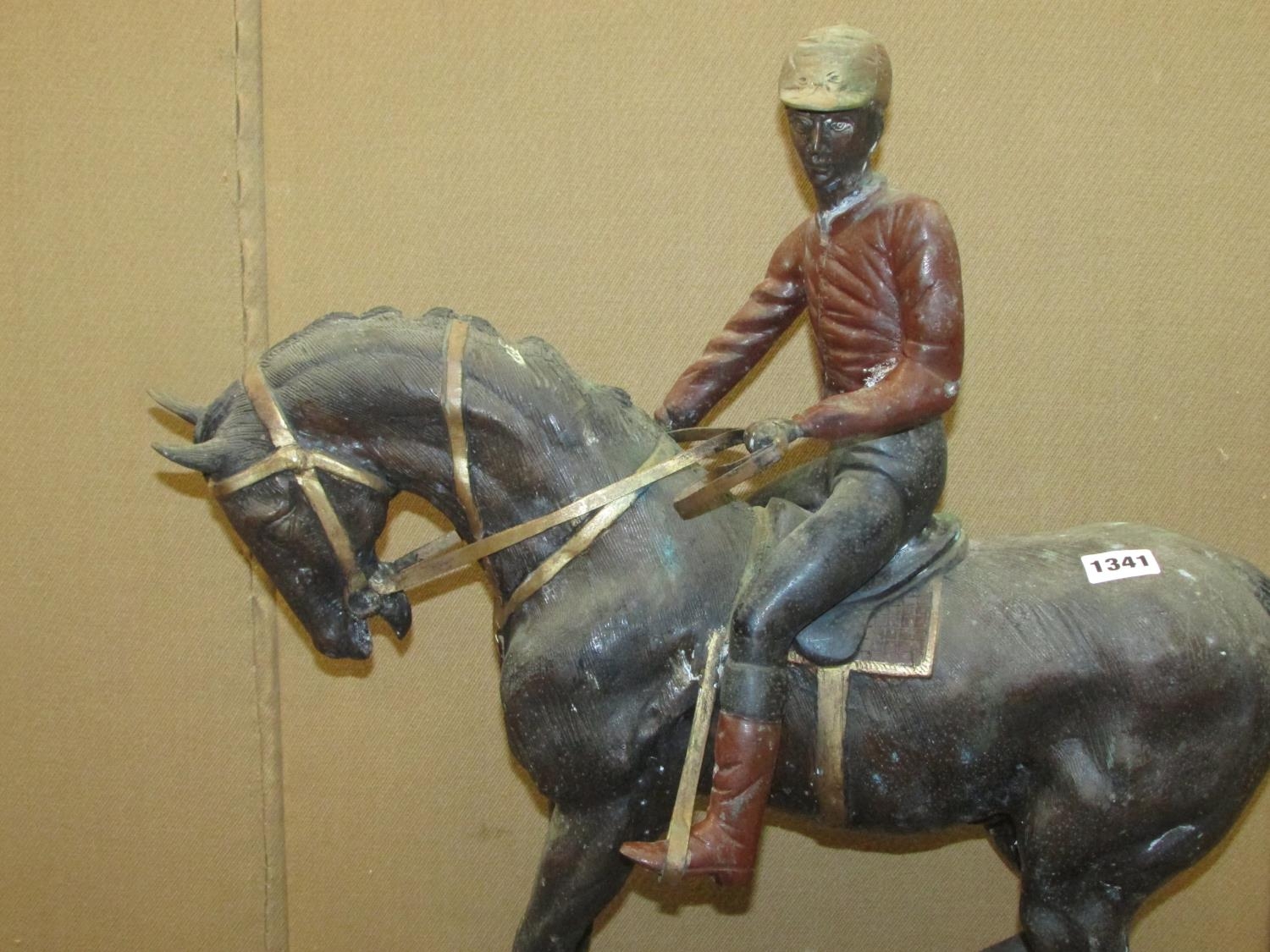 A Bronze equestrian group - with mounted jockey, 58cm high x 50cm long - Image 3 of 5