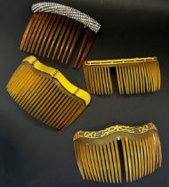 Four blonde tortoiseshell hair combs with various paste set and gilded metal mounts