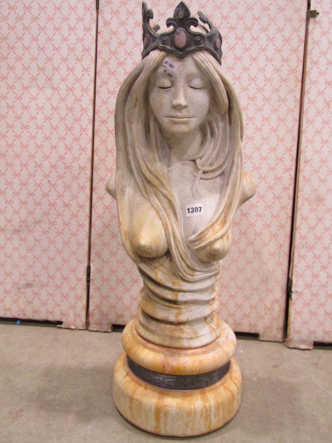 An Art Nouveau style garden or niche figure of a female wearing a cabochon encrusted crown, 75cm